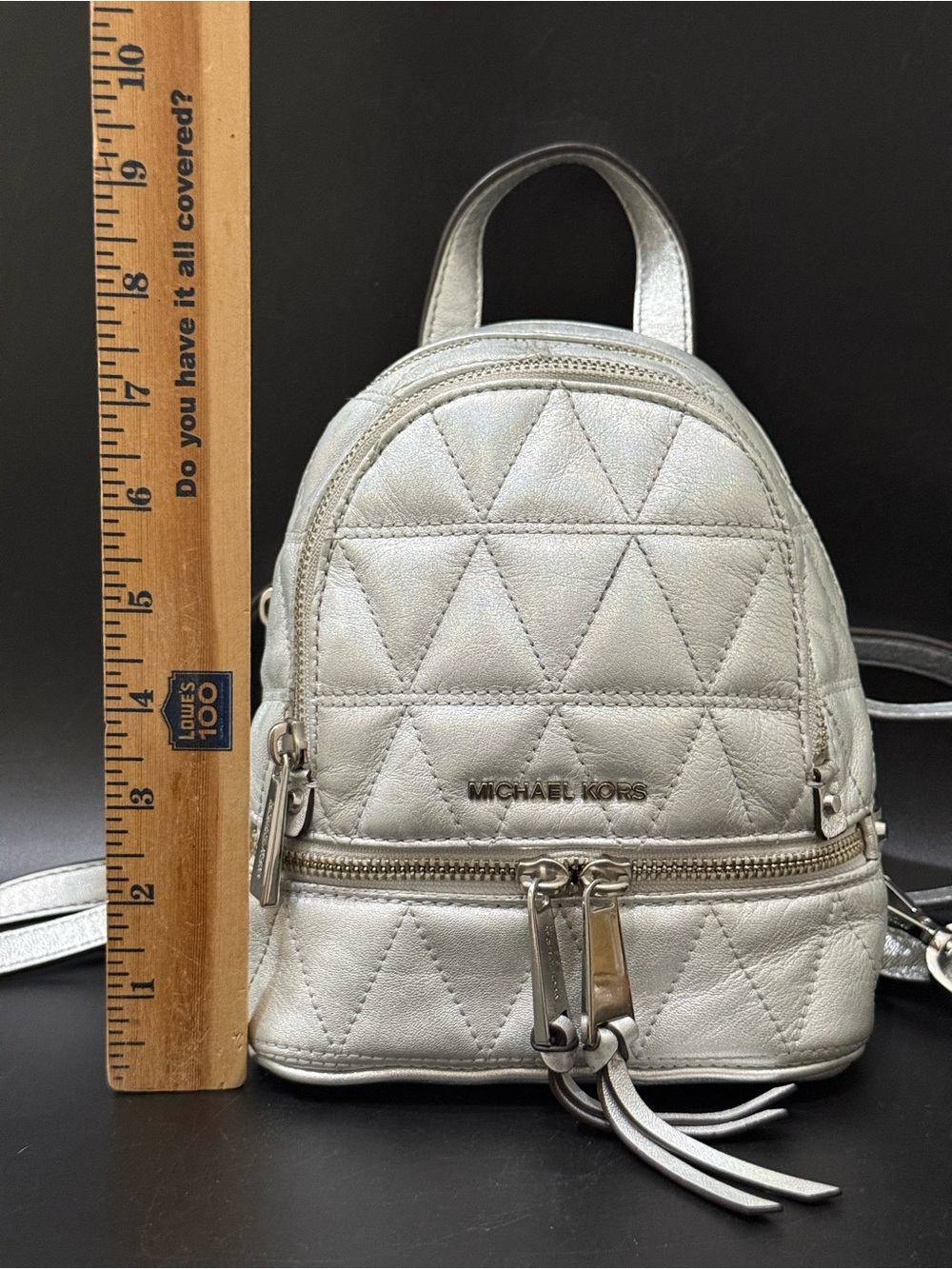 MICHAEL KORS Rhea Mini Silver Metallic Quilted Leather Mini Backpack
EUC - Picture 11 of 16